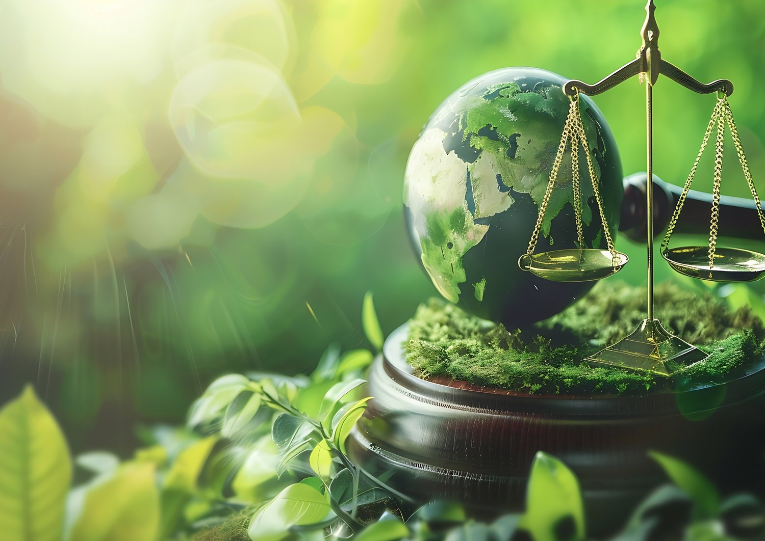 Judge's gavel in the shape of the globe and the scales of Justice on a bed of leaves