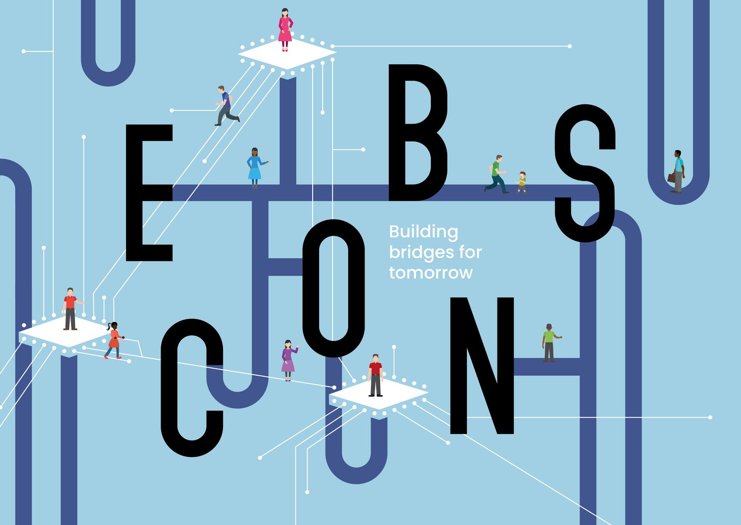 design of the EBSCON 2021: dark blue networks on a light blue background, cartoon people walking on those networks, text: "EBSCON, Building Bridges for Tomorrow"
