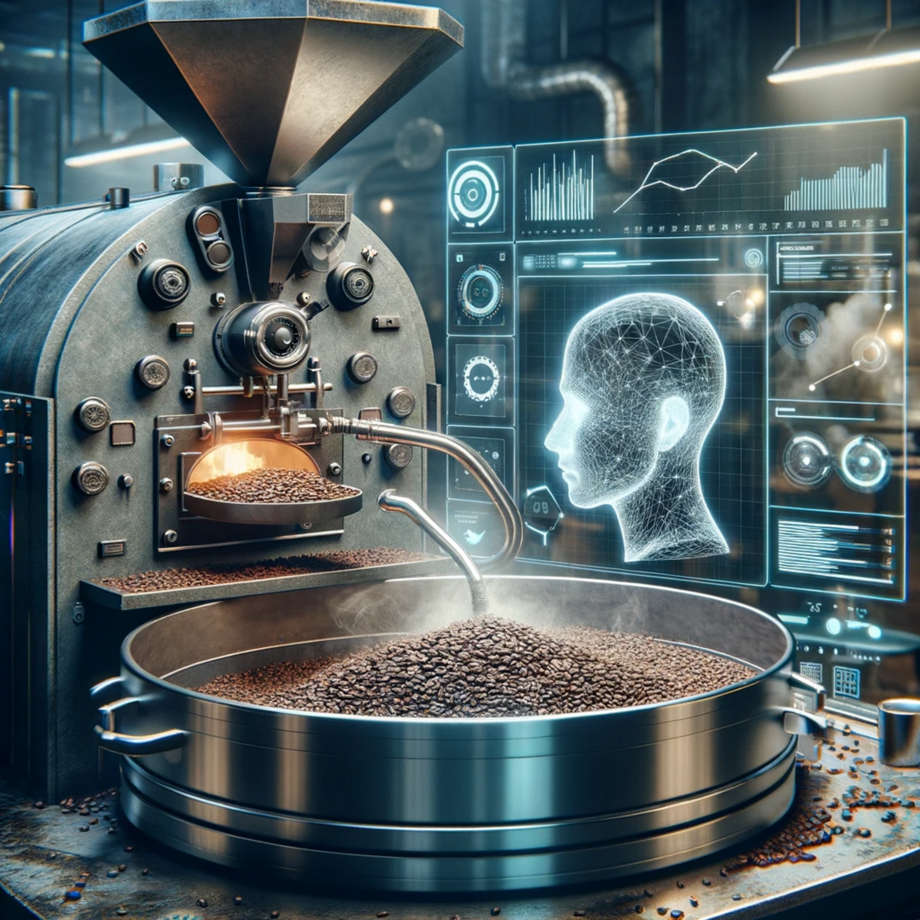 KI-generiertes Bild einer Kaffeeröstmaschine mit Hologrammen