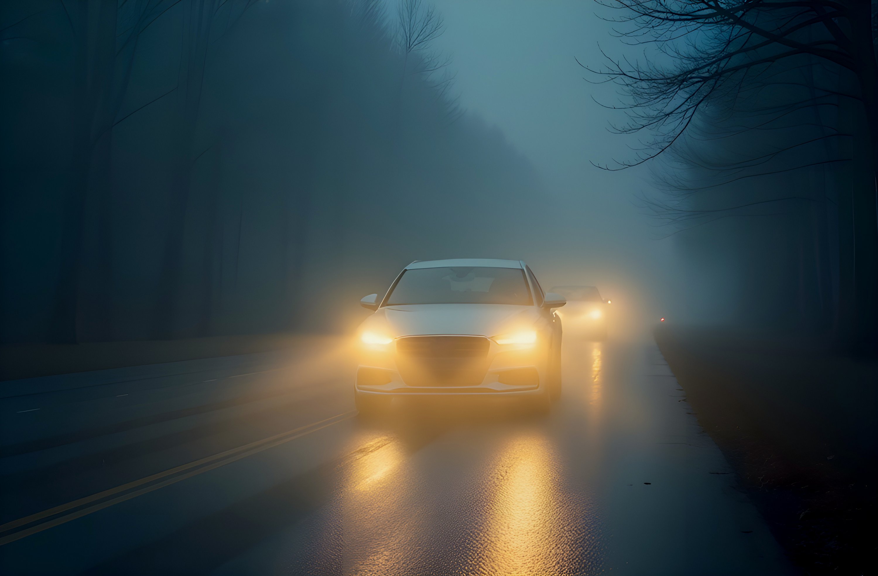 White car coming out of the fog on a country road