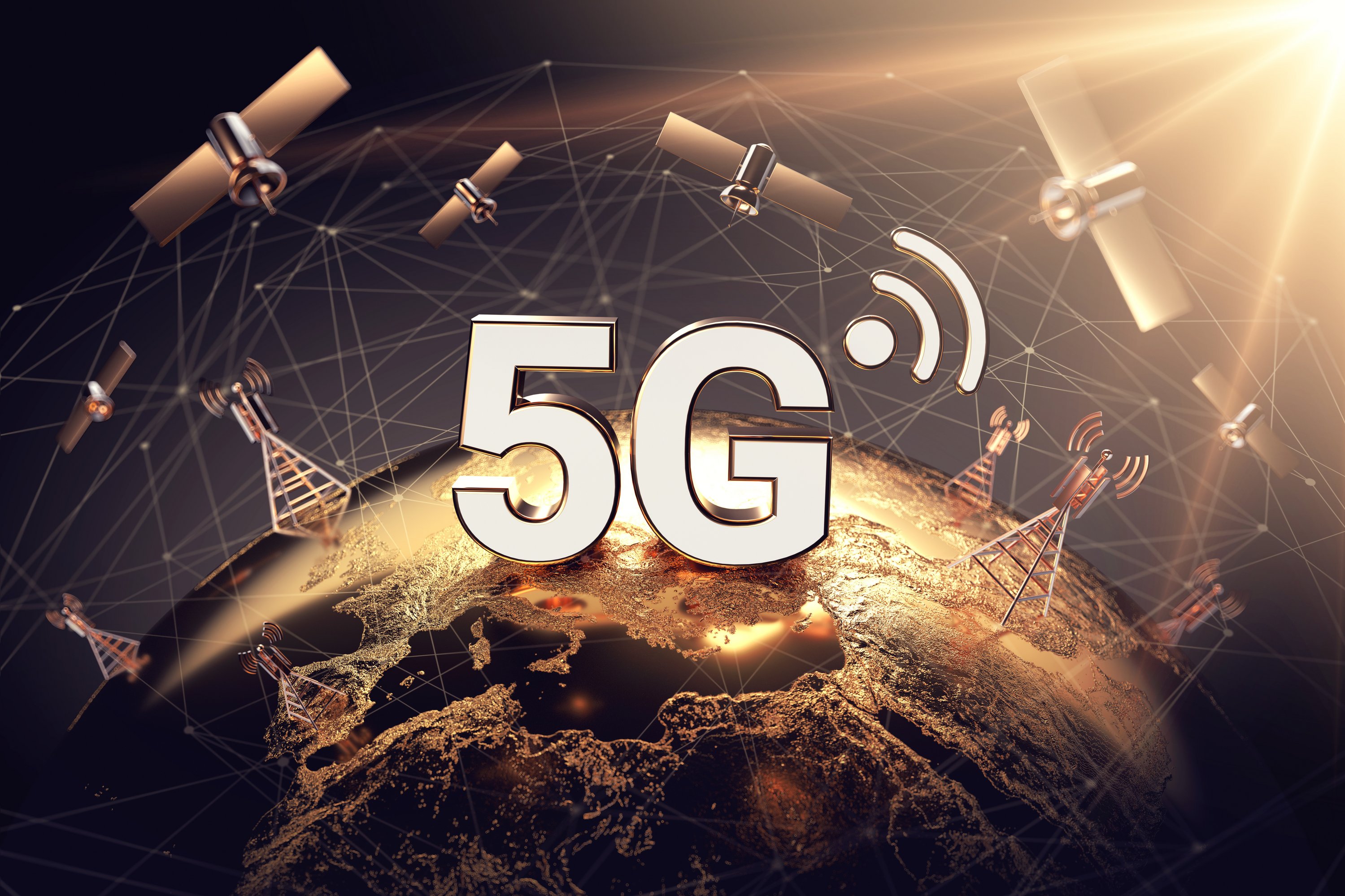 Globales Konnektivitätskonzept mit weltweitem Kommunikationsnetz und 5G Wort. Fokussiertes Konzept über dem Gebiet von Europa. 3D-Rendering