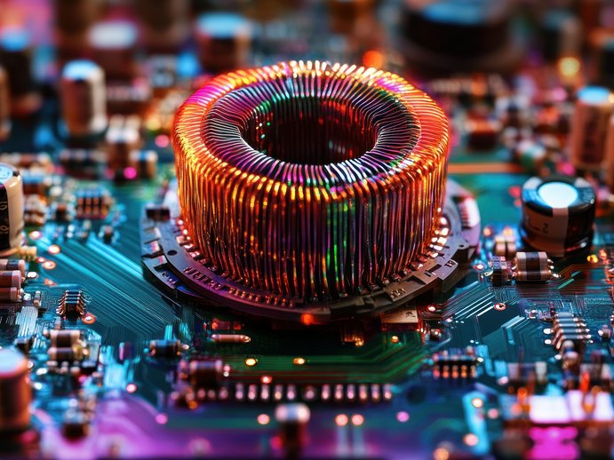 PCB showing toroidal core inductor with tightly coiled copper wire circuit decorated with electrolytic capacitors & resistors