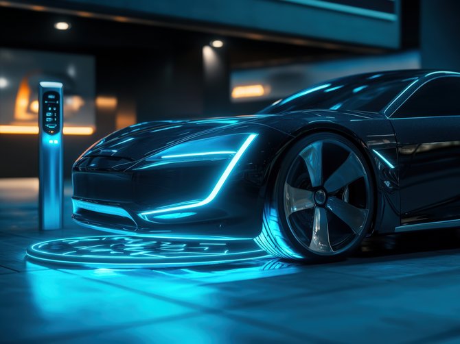 Futuristic electric car on a wireless charging surface