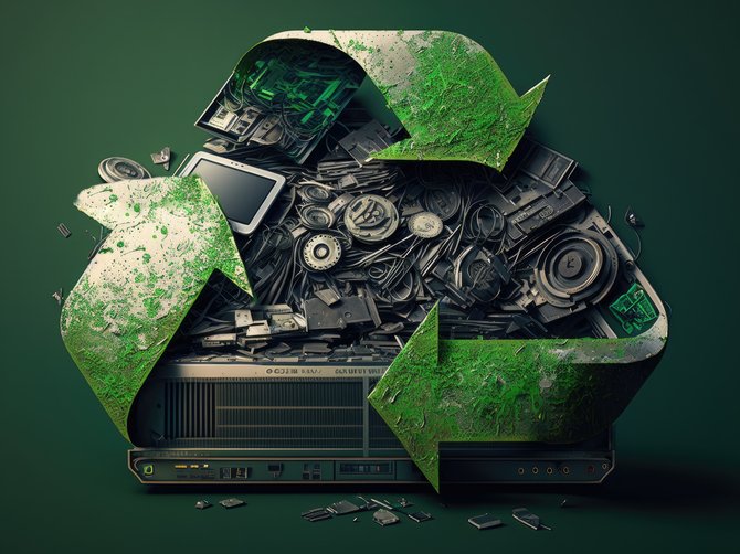 Stockphoto mit Recyclinglogo. Elektroschrott im Hintergrund.