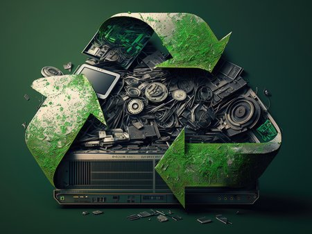Stock picture with e-waste and a green recycling sign in the foreground