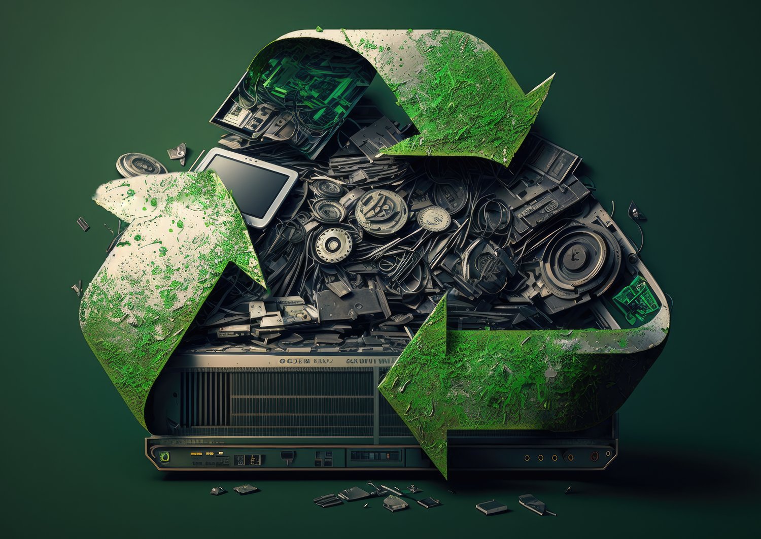 Stock picture with e-waste and a green recycling sign in the foreground