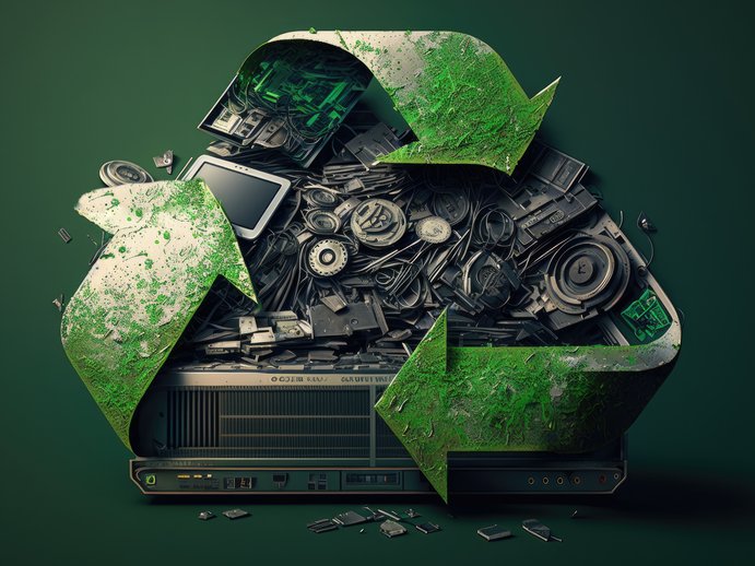 Stock picture with e-waste and a green recycling sign in the foreground