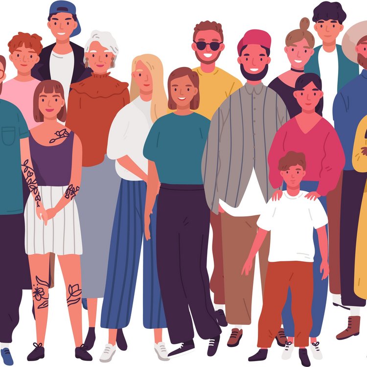 Cartoon von einer Personengruppe mit Menschen unterschiedlichen Altes und Hautfarben
