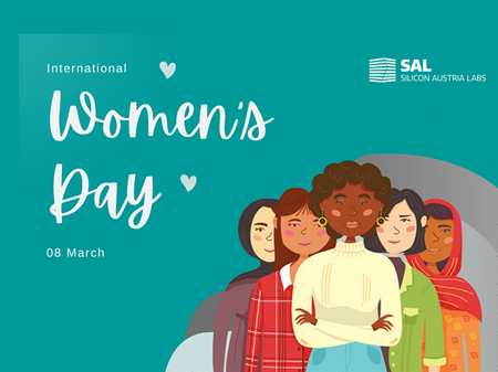 türkiser Hintergrund mit SAL-Logo und dem Text "International Women's Day, 08 March". Links unten eine Zeichnung von Frauen mit verschiedenen Hautfarben und verschiedenen Alters. 