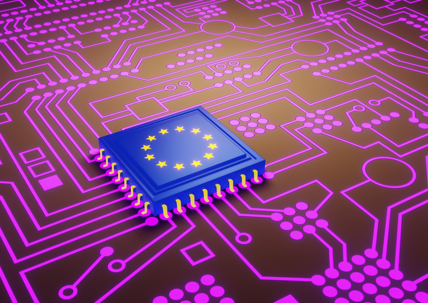 Dekoratives Bild, Mikrochip mit EU-Flagge auf einer Leiterplatte