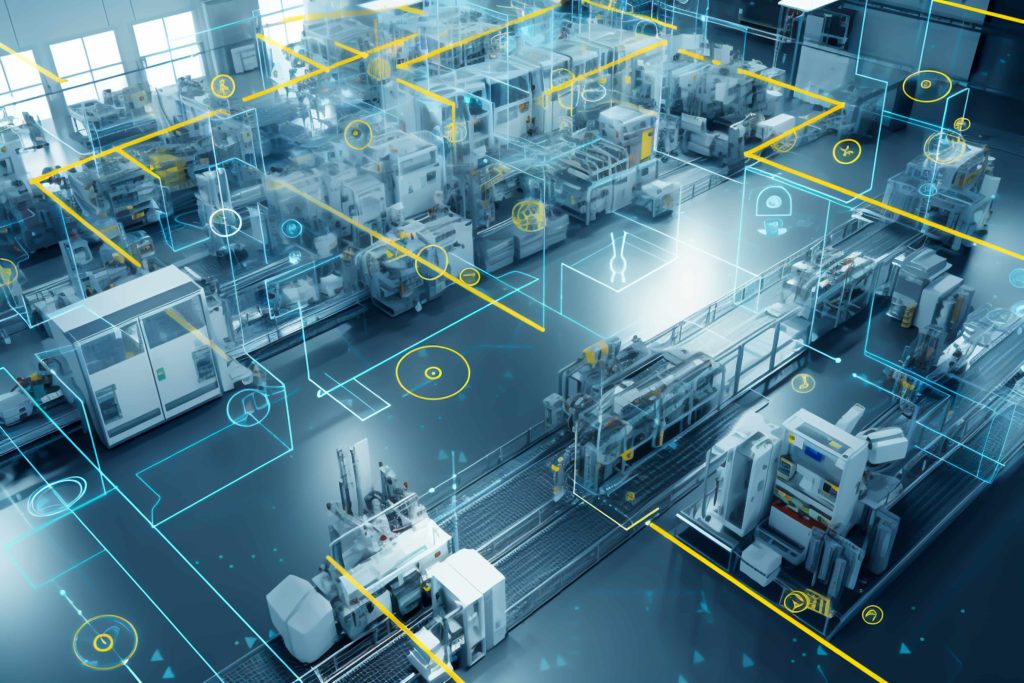 Industrial hall with lines representing the networking of machines and automation.