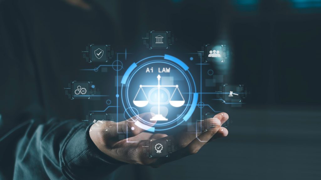 Ein Konzept für digitales KI-Recht mit einem Roboter-Waagen-Symbol und einer Legal-Tech-Oberfläche, das zukünftige Rechtssysteme, Compliance in Unternehmen, Datenschutzbestimmungen und die Automatisierung von Richtlinien darstellt.