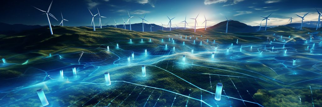 Windpark in vernetzter Landschaft mit digitalen Energienetzen und Datenvisualisierung