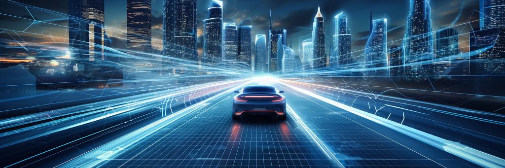 Autonomes Fahrzeug fährt durch eine futuristische Stadt mit digitalen Vernetzungs- und Sensordatenvisualisierungen.