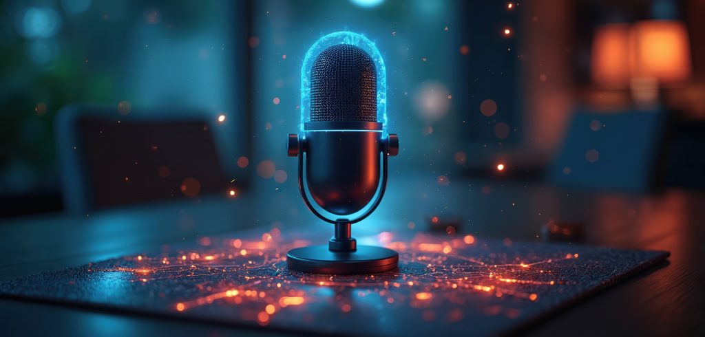 Modern microphone with a glowing blue light on a table, surrounded by digital light points and futuristic effects in an atmospherically lit environment.